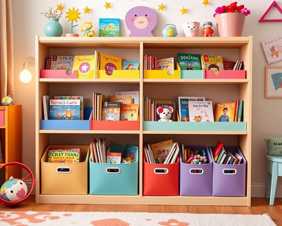 kinderboekenkast met opbergmanden