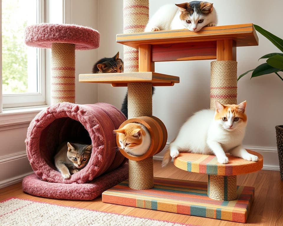 Kattenkrabpalen met een ingebouwde speeltunnel