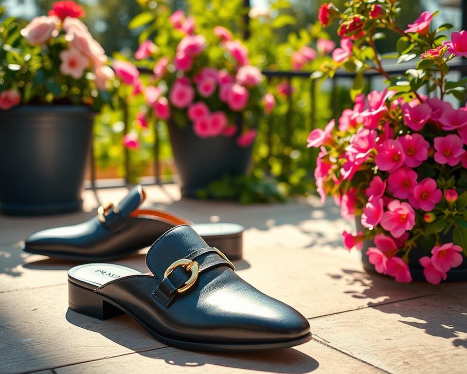 Prada leren muiltjes: Luxe comfort voor warme dagen